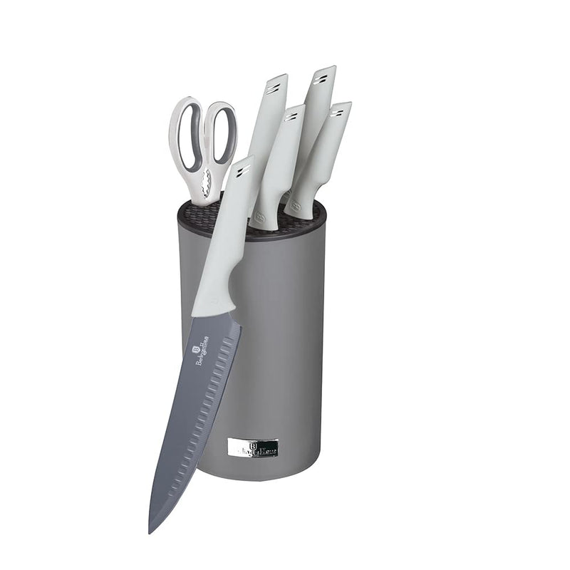 Berlinger Haus Kitchen Knife Set with Block, 7 Piece Knives Set for Kitchen, Modern Cooking Knives with Kitchen Shears, Sharp Cutting Stainless Steel Chef Knife Set with Mobile Stand, Gray