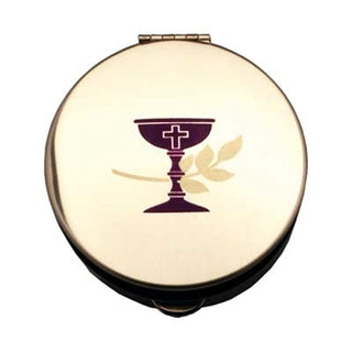 Pyx With Chalice and Wheat (PS111) - 1 1/2" Diameter, 1/2" Deep, Polished Brass, Holds 6-9 Hosts