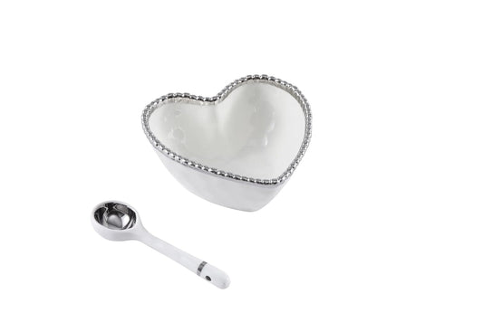 Pampa Bay Get Gifty Porcelain Heart Shaped Serving Bowl with Serving Spoon, White with Silver Beads