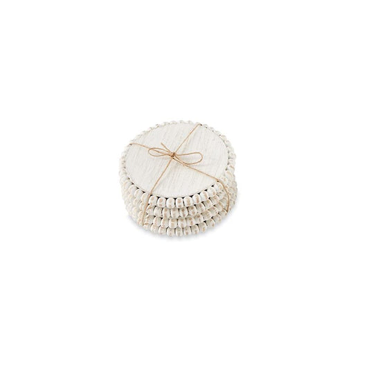 Mud Pie White Beaded Coaster Sets, 4 3/4" Dia, Mango Wood