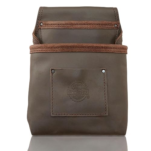 Graintex OS2318 2 Pocket Nail & Tool Pouch Top Grain Oil Tanned Leather for Framers, Constructors, Electricians, Plumbers, Handyman Brown