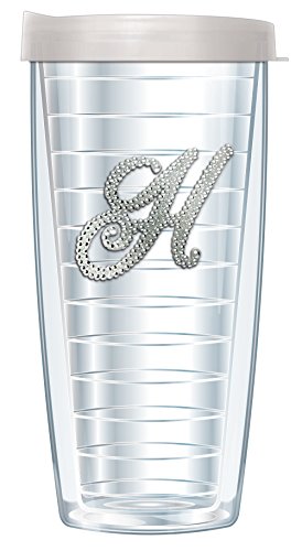 FREEHEART Silver Rhinestone Letter on Clear Insulated Tumbler with Travel Lid - Double Walled Thermal Insulation - Sparkly Glittery Monogram Initials (16 oz, H)