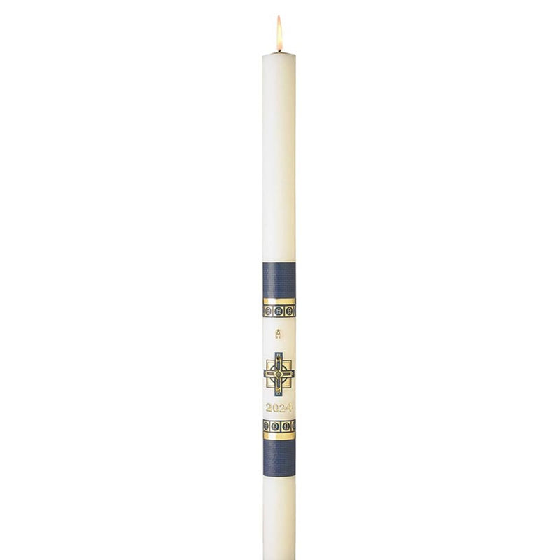 CB Church Supply Will &amp; Baumer Hand Crafted Alpha Omega Beeswax Paschal Candle with Nails, No 6 Special, Navy &amp; Gold