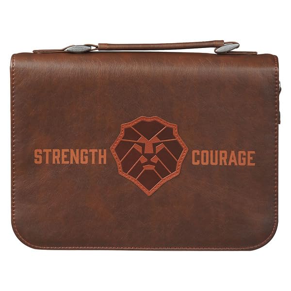 Christian Art Gifts Classic Vegan Leather Bible Cover for Men & Boys: Strength & Courage Encouraging Scripture Verse, Lion Design Sturdy Easy Carry Case Storage, Pockets, Pen Loops, Brown, Medium