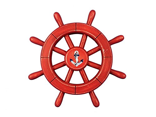 Handcrafted Nautical Decor Rustic All Red Decorative Ship Wheel With Anchor 12" - Ship Wheel Decoration- W