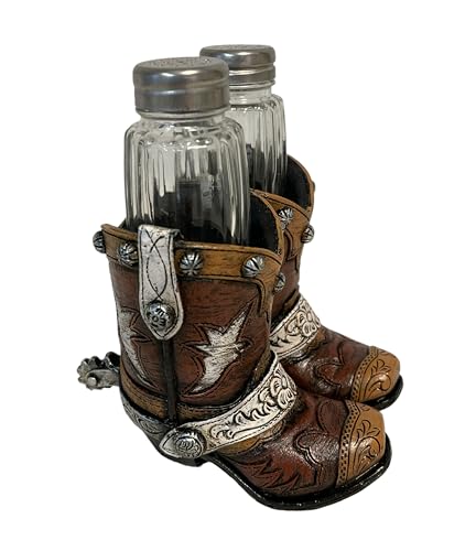 De Leon Collections 14181 Cowboy Boots Brown and Silver Tone 5.7 Inch Polyresin and Glass Western Southwest Decorative Rustic For Kitchen or Dining Room Salt and Pepper Shaker Holder 3 Piece Set