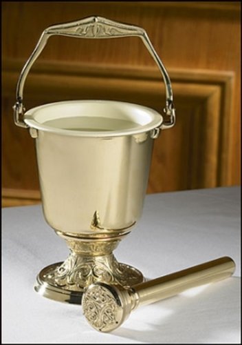 Christian Brands Religious Supply Embossed Holy Water Pot with Sprinkler Set