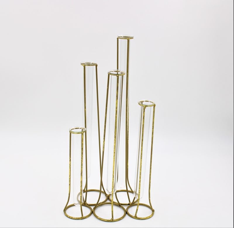 TradeCie Round Test Tube Vase x5, Gold, 16.75-inches Height, Tabletop Decor