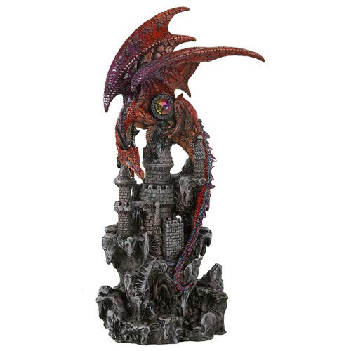 Pacific Giftware Guardian Dragon Protecting Castle with Rhinestone Rock Crystal Tabletop Decor Collectible Figurine Gift (12.75" Red)