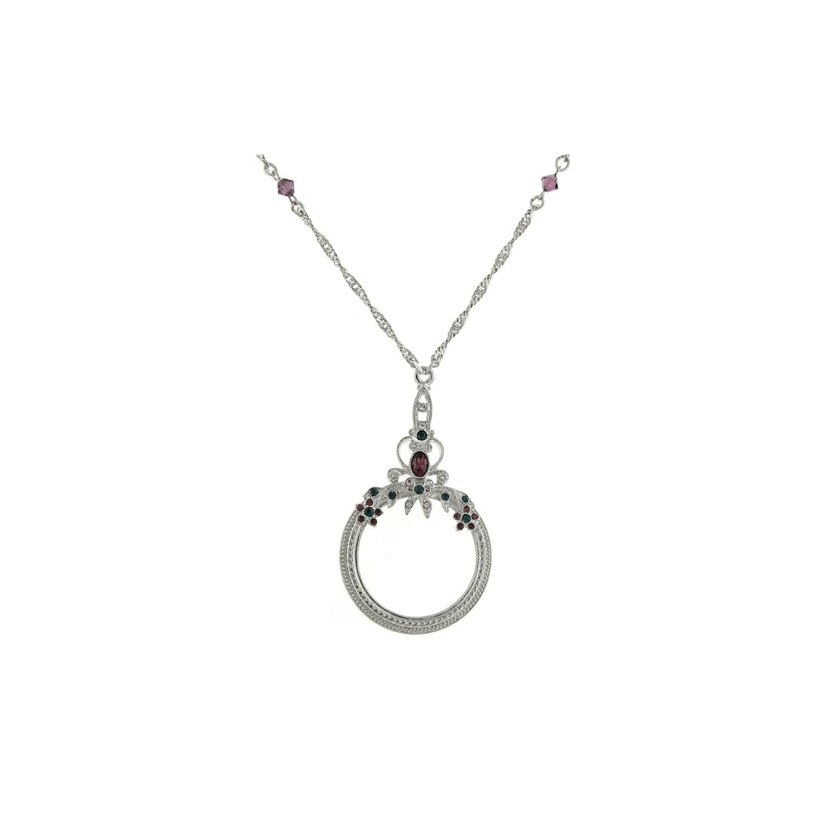 1928 Jewelry Olivine Crystal Floral Brass-Tone Magnifying Glass Pendant Necklace For Women, 30 Inch Long - Magnification Power: 2X, Multifunctional Magnifier Perfect For Reading Books, Made In USA — Silver