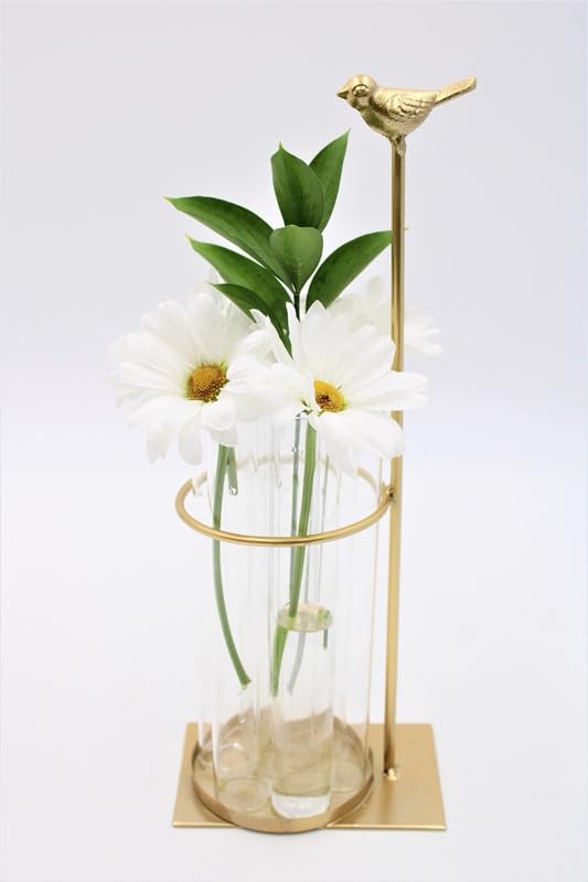 TradeCie Test Tube Vase with Gold Metal Bird, 11-inches Height, Table Decoratives