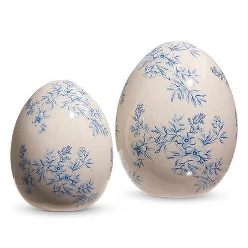 Raz Imports 2024 Easter 5" White with Blue Floral Eggs, Set of 2