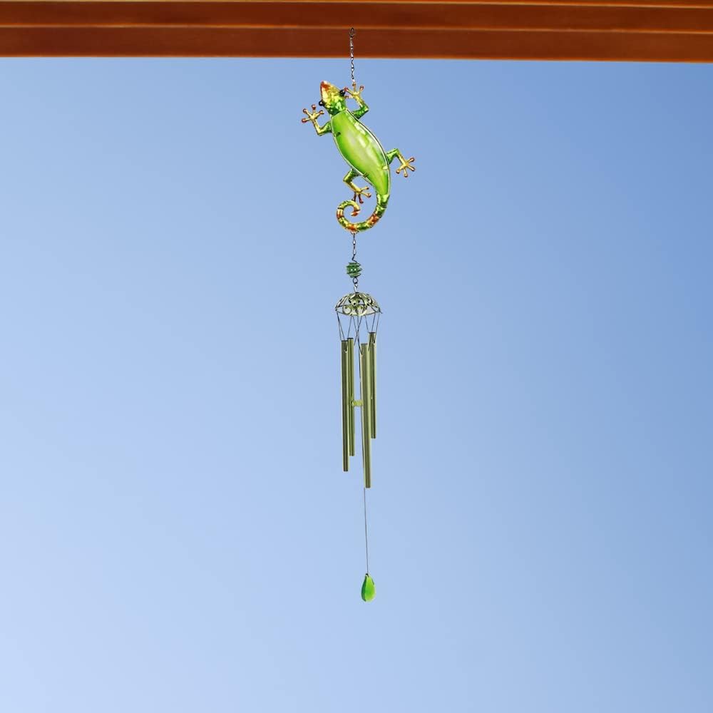 Comfy Hour Farmhouse Home Decor Collection 35" Metal Art Lizard Windchime Hanging Windbell Green