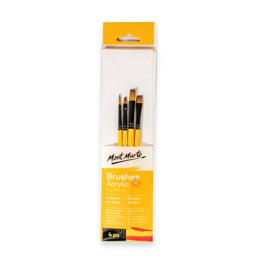 Mont Marte Gallery Series Acrylic Brush Set, 4 Piece. Set Includes Round, Bright and Flat Style Acrylic Paint Brushes.