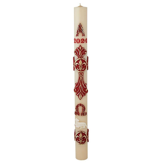 CB Church Supply Will &amp; Baumer Hand Crafted Baroque Cross Beeswax Paschal Candle with Nails, No 9, Red &amp; Gold