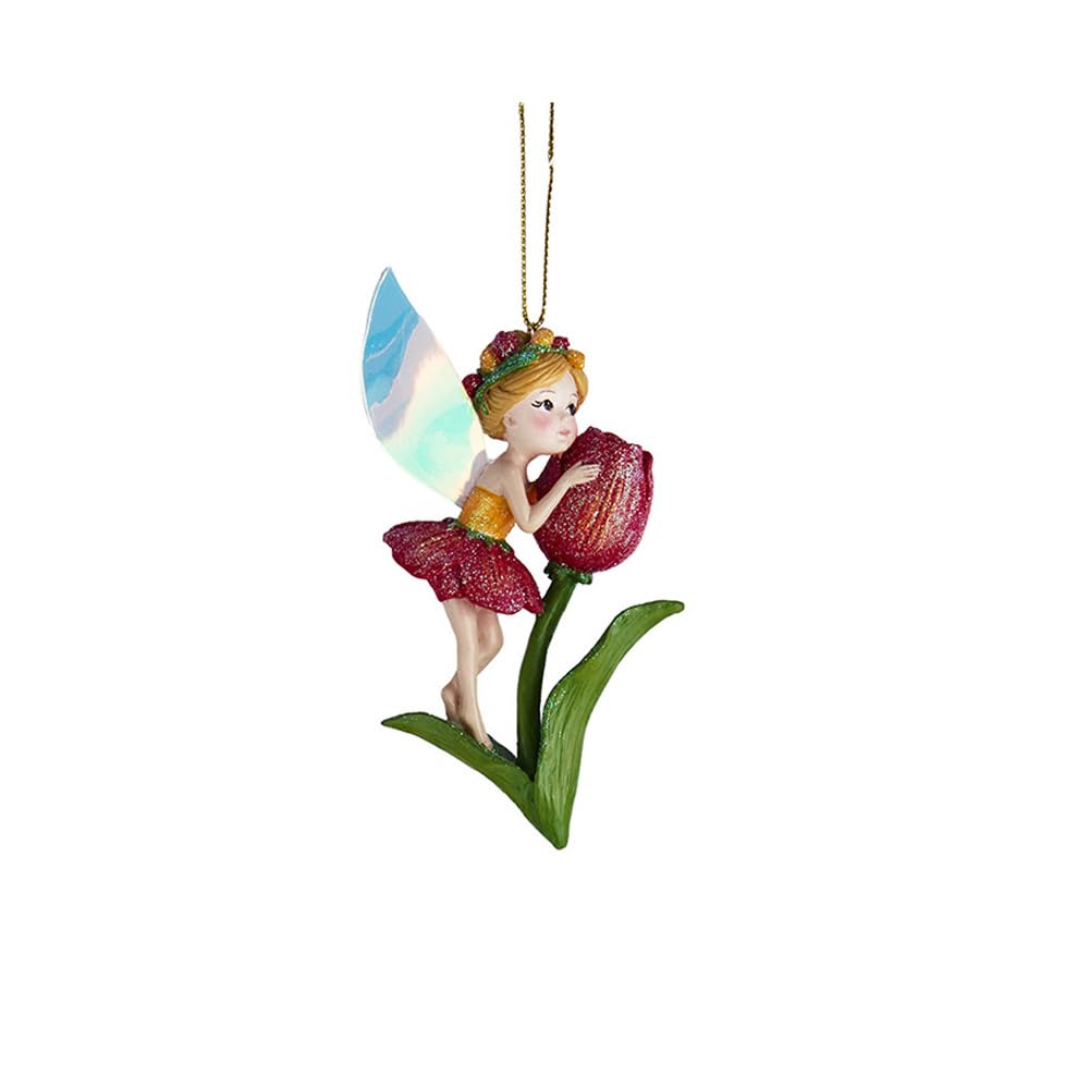 Kurt Adler 4.5" Resin Flower Fairy on Flower Ornament, Red Flower Fairy