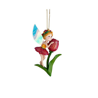 Kurt Adler 4.5" Resin Flower Fairy on Flower Ornament, Red Flower Fairy