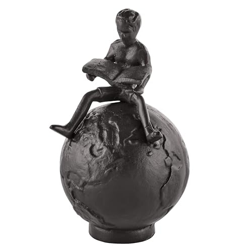 Danya B Brown Cast Iron Boy Reading on Globe Sculpture - Tabletop Desk Ornament or Decorative Paperweight