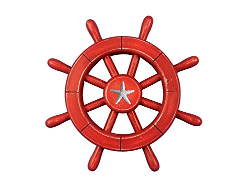 Handcrafted Nautical Decor Rustic All Red Decorative Ship Wheel With Starfish 12" - Ship Wheel Decoration-