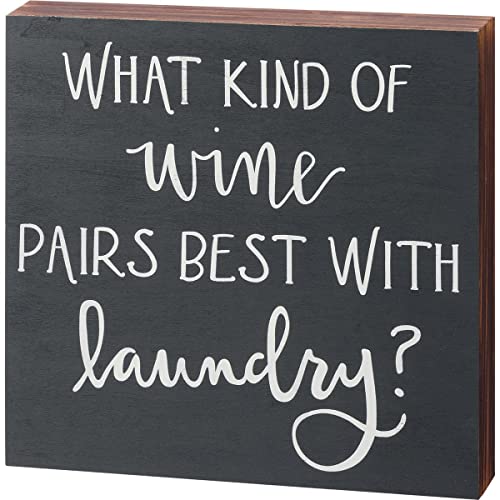 Primitives By Kathy 113421 What Wine Pairs Best with Laundry Box Sign, 10.25-inch Length, Wood
