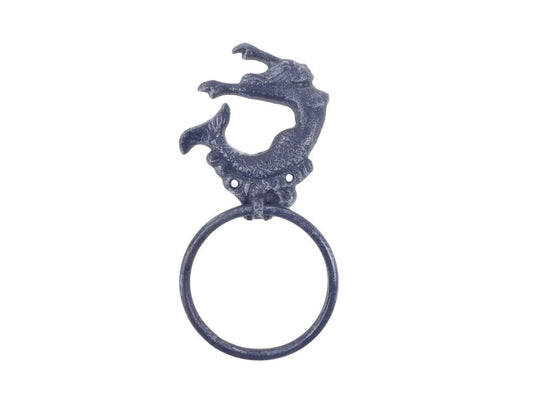 Hampton Iron HANDCRAFTED NAUTICAL D√âCOR Rustic Dark Blue Cast Iron Arching Mermaid Towel Holder 9"