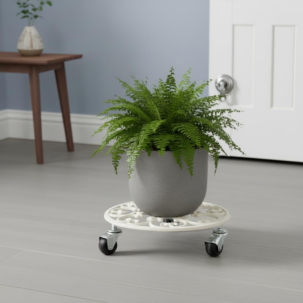Comfy Hour Rustic Style Outdoor Collection Cast Iron Plant Trolley Flowerpot Holder, with Heavy Duty Super Strong Industrial Strength Iron Wheels, White