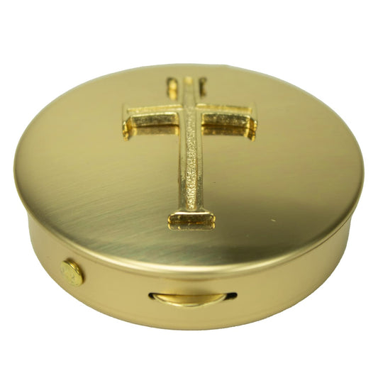 Cathedral Art Pyx With Cross (PS202) - 2 1/8" Diameter, 1/2" Deep, Polished Brass
