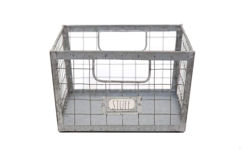 Rae Dunn Wire Storage Basket – Galvanized Steel and Solid Wood Organizer – Decorative Folder Bin with Two Handles and Label Slot - for Office, Bedroom, Living Room, Closet and More