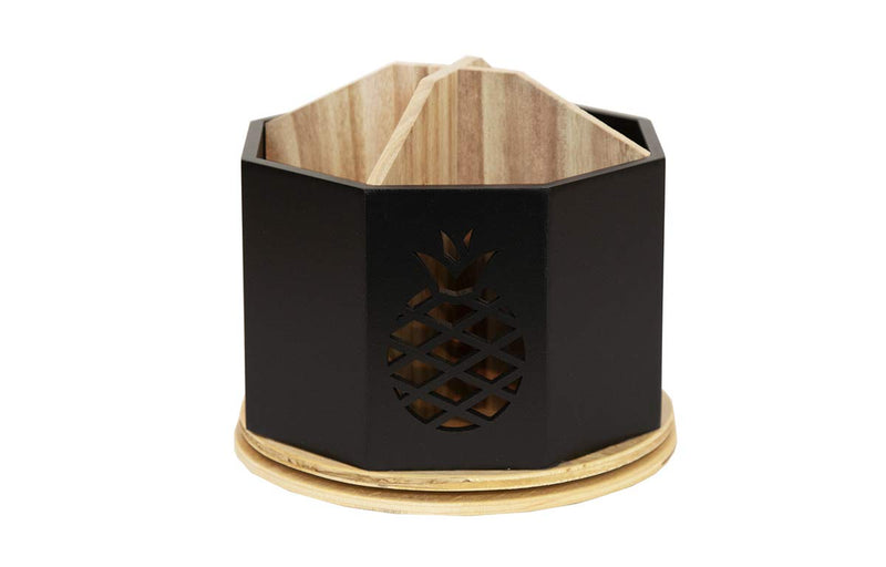 Designstyles Spinning Desktop Stationary Organizer – Decorative Wooden Rotating Pen and Pencil Cup – 4 Compartment Black Desk and Table Top Office Supplies Station With Pineapple Cutout