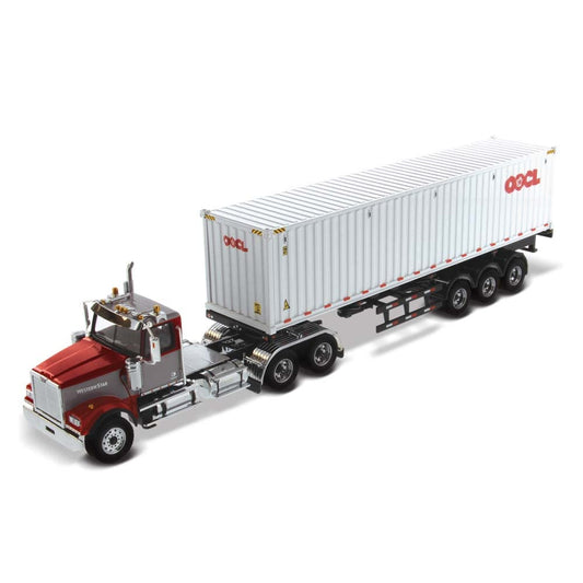 Diecast Masters Western Star 4900 SF Day Cab Tandem Tractor in Maroon and Gray with OOCL 40' Dry Good Sea Container 1/50