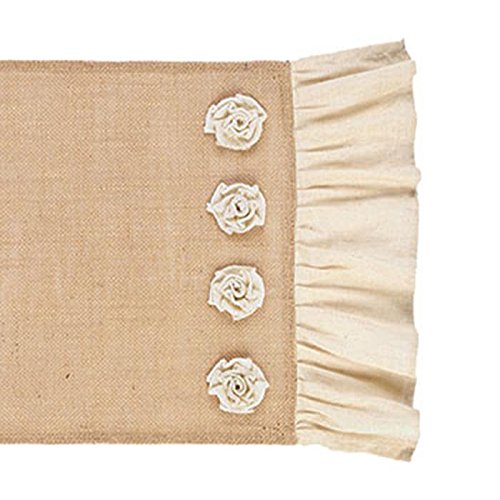 36&quot; Burlap Table Runner with Cream Rosettes and Cotton Ruffles