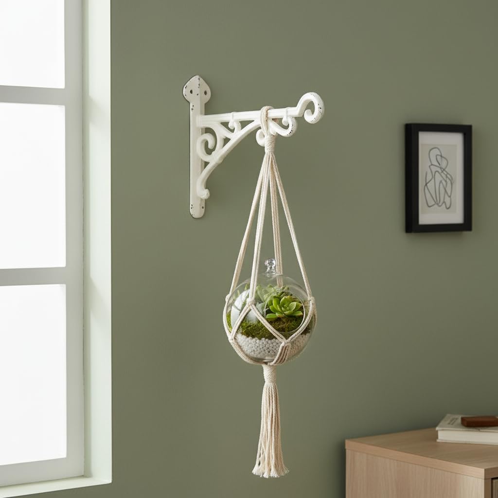 Comfy Hour Antique & Vintage Interior Decor Collection Cast Iron Wall Mount Bracket Hangers for Planter, Bird Feeder, Birdhouse, Lanterns, Windchimes, Hooks, Outdoor Decor- Primitive, White