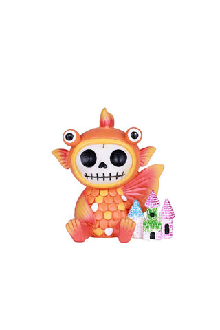 Pacific Trading SUMMIT COLLECTION Furrybones Demekin Signature Skeleton in Bulging Eyed Gold Fish Costume with a Miniature Rainbow Castle