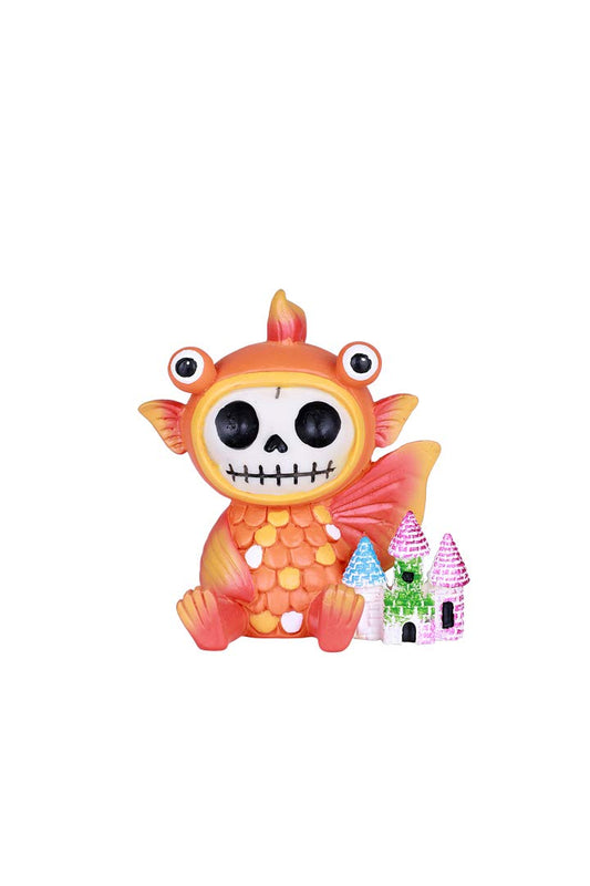 Pacific Trading SUMMIT COLLECTION Furrybones Demekin Signature Skeleton in Bulging Eyed Gold Fish Costume with a Miniature Rainbow Castle