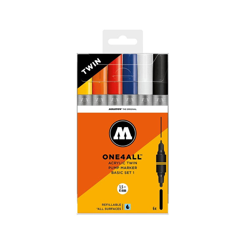 MOLOTOW ONE4ALL Acrylic Twin Pump Marker Basic 1 Set, 6 Markers, Dual Tips: 1.5mm Nib and 4mm Nib, Assorted Colors, 1 Set Each (200.488)