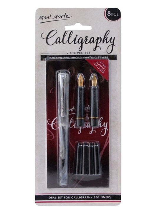 MONT MARTE 2 Nib Calligraphy Set, 8 Piece. Includes 1 Calligraphy Pen, 2 Calligraphy Nibs, 4 Black Ink Cartridges and an Instruction Booklet with Practice Sheets.