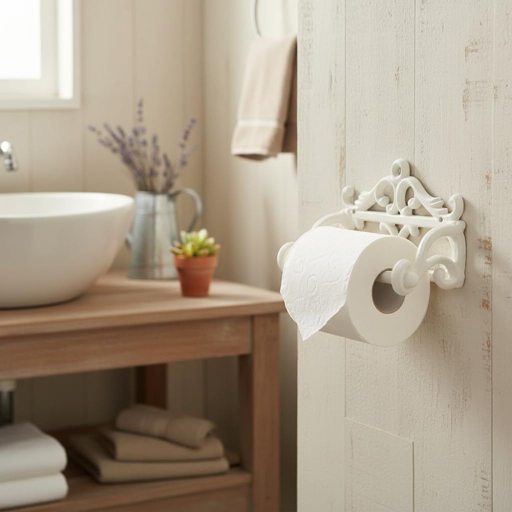 Comfy Hour 6.3 Inch Cast Iron Toilet Paper Holder, Vintage White