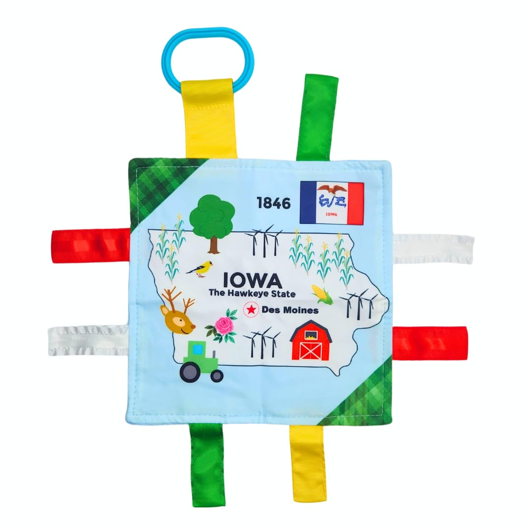 Baby Jack & Co 8x8” Learning Lovey Iowa State Tag Stroller Toy for Babies - Crinkle Toys for Developing Five Senses - Learn About Capitals - Travel with Baby Jack - BPA Free Clip