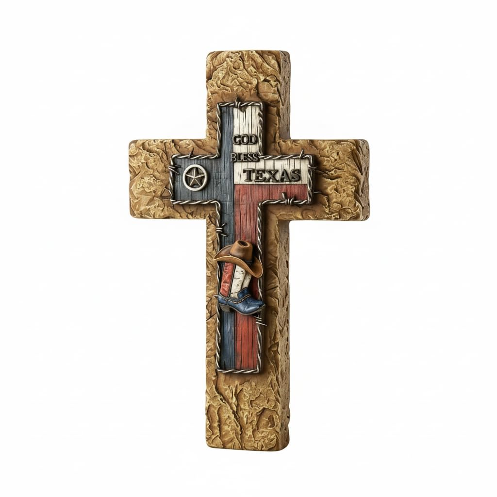 Comfy Hour 14 Inch Texas Cross Wall Decor, God Bless Texas Plaque