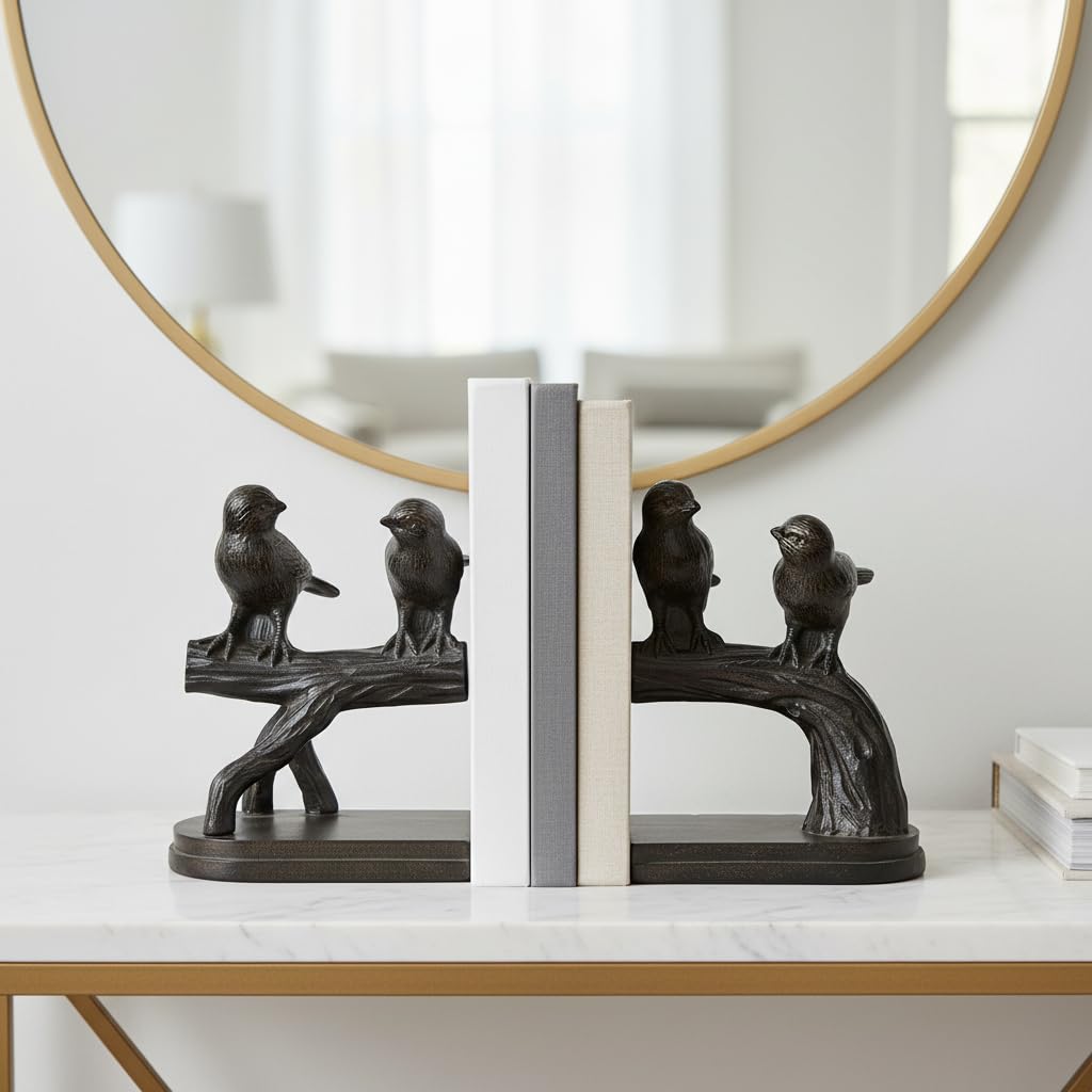Comfy Hour Farmhouse Home Decor Collection Polyresin Solid Heavy Set of L/R Birds On Branch Art Bookends, 1 Pair