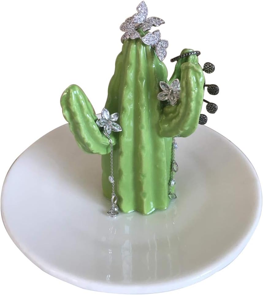 Comfy Hour Farmhouse Home Decor Collection 4" Porcelain Table Decorative Cactus Jewelry Holder, Jewelry Tray, Green & White