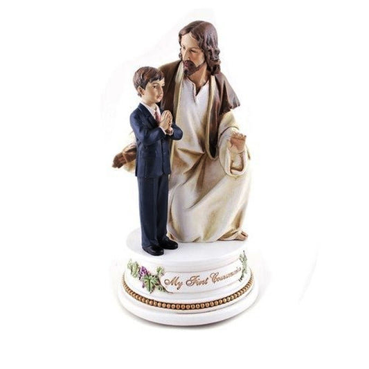 Roman My First Communion Young Boy with Jesus 7 Inch Resin Stone Musical Figurine Plays The Lord's Prayer