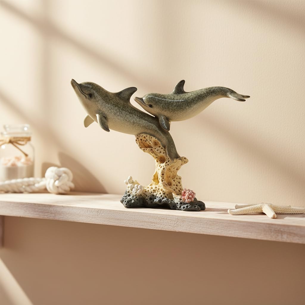 Comfy Hour Under The Sea Collection 7-Inch Two Swimming Dolphins On Coral Pedestal Coastal Ocean Theme Decoration, High Gloss Finish, Polyresin