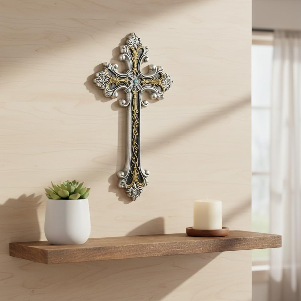 Comfy Hour Wall Art, 7.1"L x 1"W, Antique Silver and Gold with Turquoise-Colored