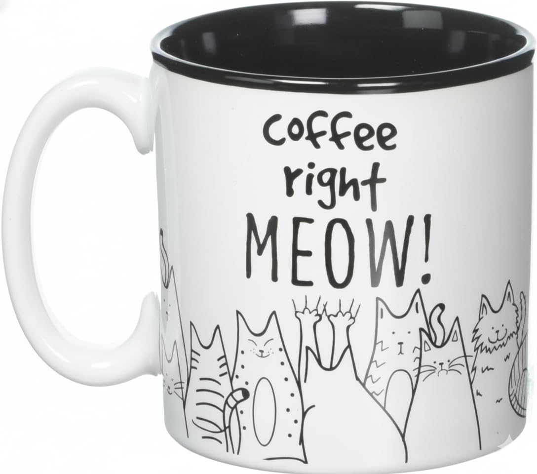 burton + BURTON BnB Cat Lovers Mug Coffee Right Meow Funny Message Novelty Ceramic Cup for Java, Hot Tea or Hot Chocolate 13 oz 3.75 in H x 5 in W x 3.5 in D, Black and White with Feline Animated drawings, One in box