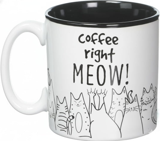 burton + BURTON BnB Cat Lovers Mug Coffee Right Meow Funny Message Novelty Ceramic Cup for Java, Hot Tea or Hot Chocolate 13 oz 3.75 in H x 5 in W x 3.5 in D, Black and White with Feline Animated drawings, One in box