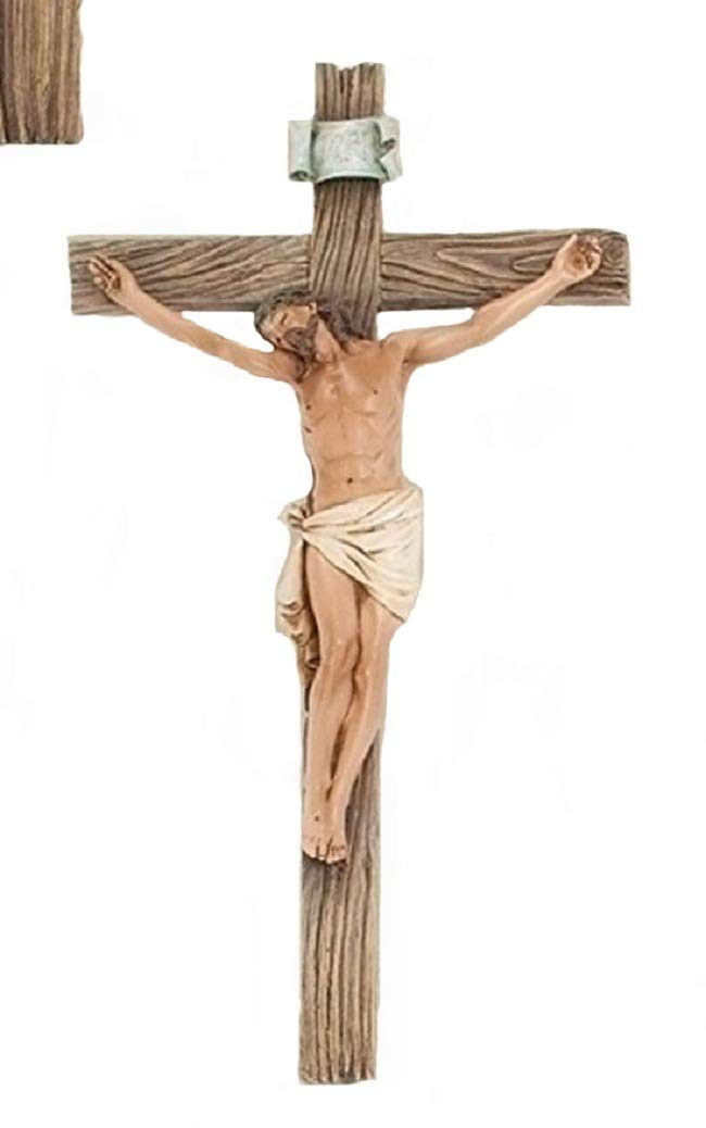 Roman Catholic 8 Inch Stone Resin Jesus Christ on INRI Cross Wall Crucifix Home Chapel Decoration
