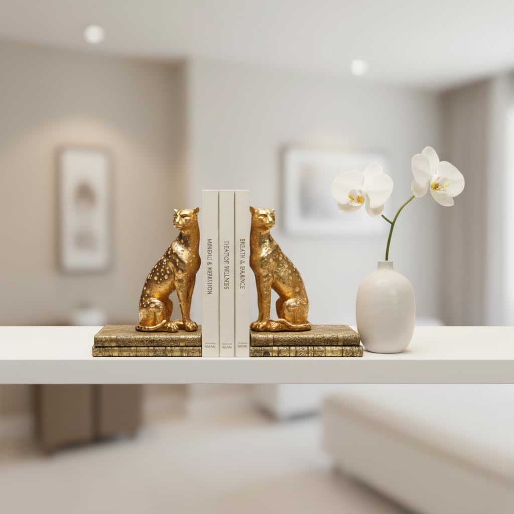 Comfy Hour Farmhouse Home Decor Collection Polyresin Solid Heavy Set of L/R Cheetah Art Bookends, 1 Pair, Gold