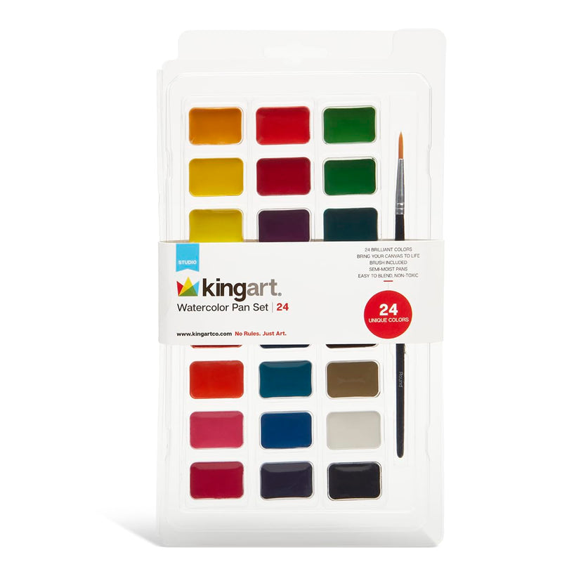 KINGART Watercolor Pan Set, 24 Unique Primary Shades, Includes Paint Brush