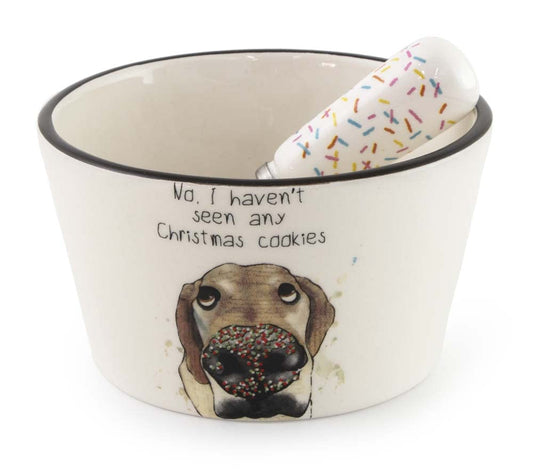 Boston International Holiday Ceramic Bowl and Stainless Steel Spreader, 4.75-Inches, Haven't Seen Any Xmas Dog